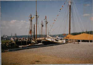 Image: View of the Ernestina and Bowdoin at dock, taken astern with the Sherman L. Zwicker