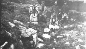 Image of 5 Inuit in sealskin clothing