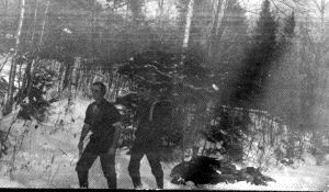 Image: [Donald MacMillan (in short sleeves) and ? in snowy woods]