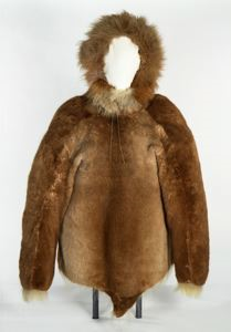 Image of Caribou parka with hood trimmed in polar bear fur (part of MacMillan's outfit, with polar bear pants)