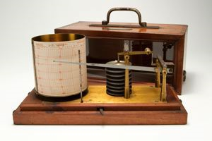 Image: Recording  barometer in wooden case with inscribed plaque