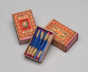Image of Wooden box containing 8 match boxes of Vulcan Flaming Light Safety Matches