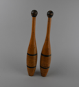 Image of Pair of Indian Clubs, natural wood with dark blue or black painted stripes