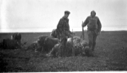 Image of Musk oxen and two men with rifles