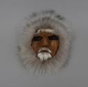 Image of caribou skin mask, man with white beard 