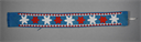 Image of Labrador cloth/bead strap beaded red & white on blue cloth. Stars w/triangles 