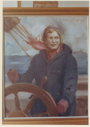 Image of Photo of Oppenheim painting of Miriam MacMillan at wheel of Schooner Bowdoin