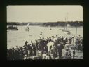 Image of The Bowdoin leaving; crowd on dock (B & W)