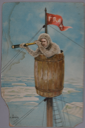 Image of Fur-clothed man in birdsnest w/telescope and red flag reading FRAM (w. message)