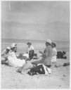 Image of 7 adults at a picnic at shore