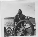 Image of Babs Nutt at wheel. Entrance to Hamilton Inlet