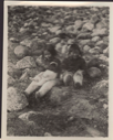 Image of Shoo-e-ging-way [Suakannguaq Qaerngaaq] and Magipsoo [Mikivssuk] [Two young Inuit girls sitting among rocks. One holds puppy]