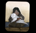 Image of Shoo-e-ging-wah [Suakannguaq Qaerngaaq] with white pup, portrait