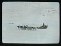 Image of Team and sledge at half distance. Driver is riding