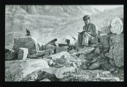 Image of Drawing: Explorer in western dress suit sitting on rocks and reading...