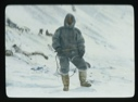 Image of Team member in furs, standing on snow with dog whip. Teams beyond