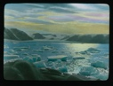 Image of Sunrise/set over mountains. Glacier in distance, ice floes in foreground