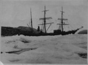 Image of Captain Jackson's ship HARMONY, the smallest craft that regularly cruises the Arctic seas, in ice jam