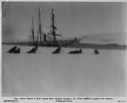 Image of Byrd Expedition dog team at rest on snow. Vessel moored near