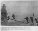 Image of Four Soviet Polar Expedition men boarding a ship. One carries a flag ...