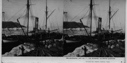 Image of The ROOSEVELT in winter quarters. [Supplies and crew on shore in foreground]