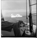 Image of FIrst iceberg, seen through rigging