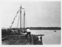 Image of The BOWDOIN, dressed, at dock. Large crowd