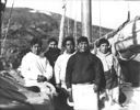 Image of Polar Eskimos [Inughuit] on board Bowdoin [l-r Nukapianguarssuk, Ole Quist, Ussarkak Tautsiak, Karkutsiak Etah, Navssak Sadorana]